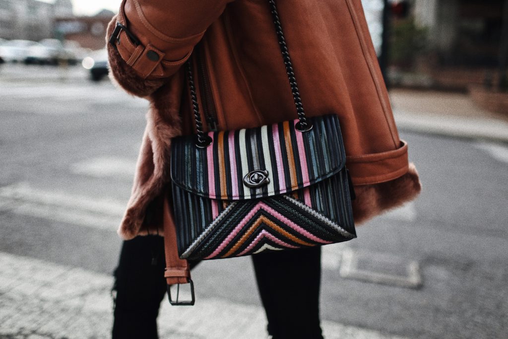 striped leather bag 